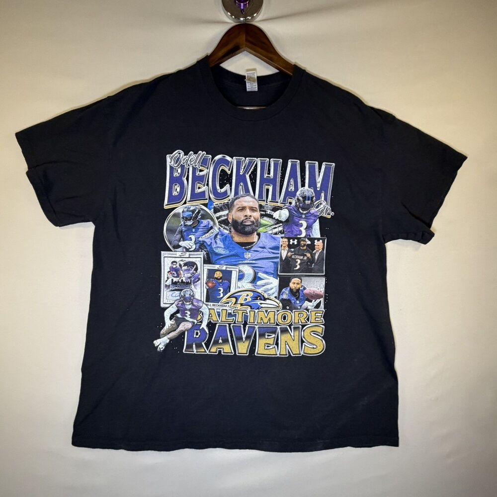 Vintage Gildan Footballs Baltimore Ravens ODELL BECKHAM T-Shirt UNISEX Black